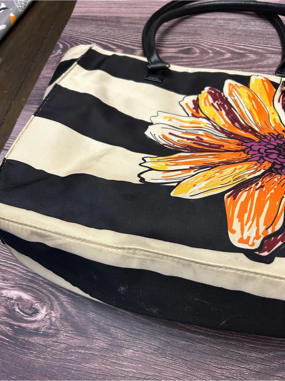 Source Unknown Black and Cream Striped Tote with Orange Floral Accent